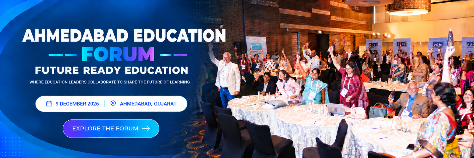 Ahmedabad Forum banner showing education leaders gathered at a forum event
